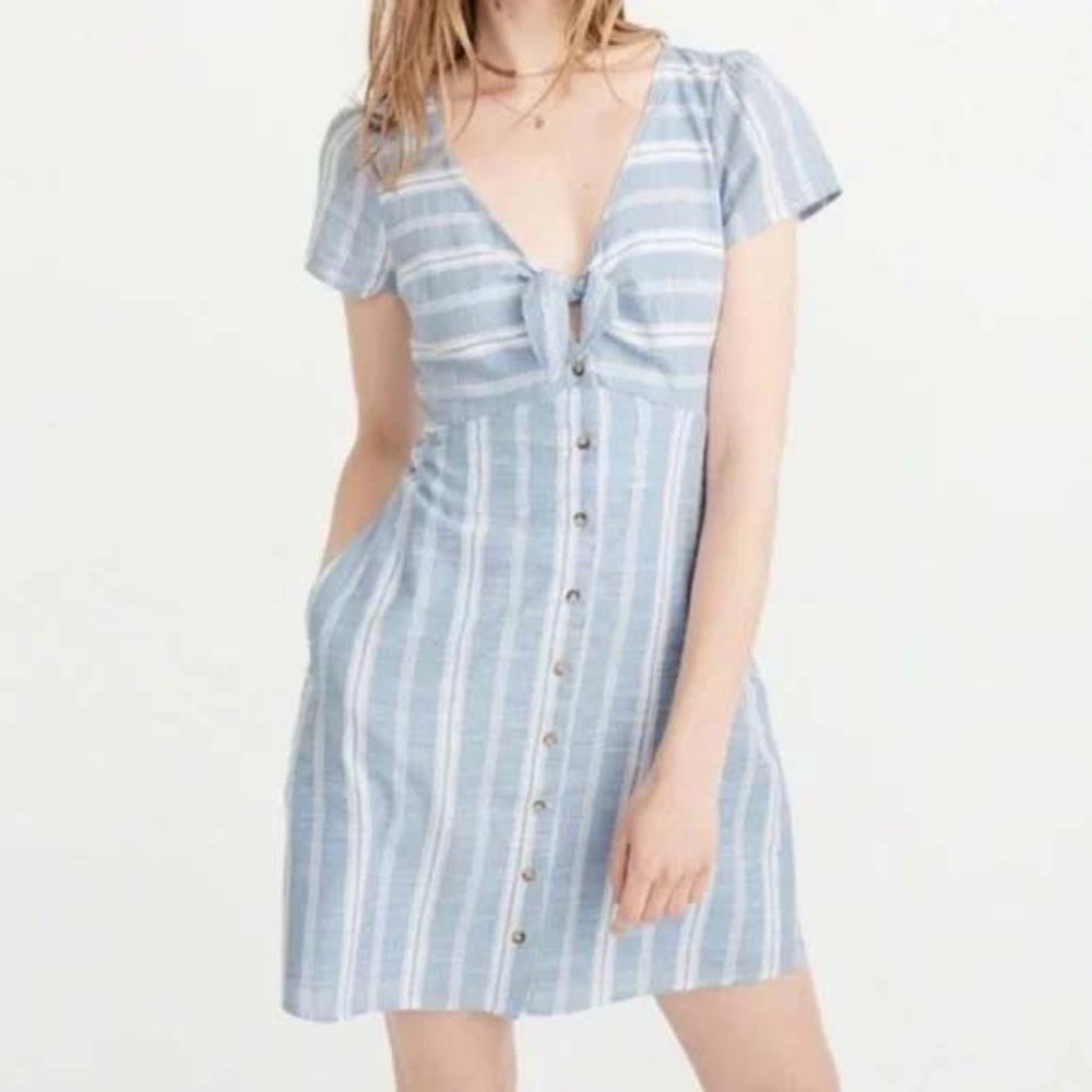 Abercrombie & Fitch Blue Stripe Button Down Mini Dress Tie Keyhole Front
